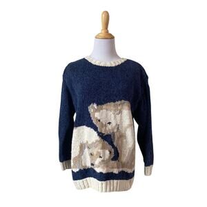 90's VTG Liz Claiborne Polar Bear Hand Knitted Ramie/Cotton Pullover Sweater